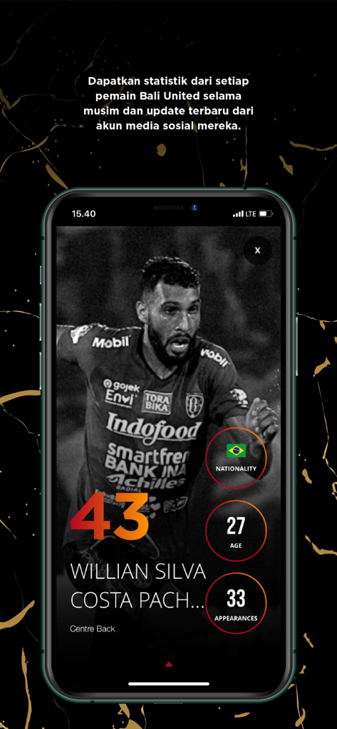 Bali United - Mobile screen showing football player statistics for Willian Pacheco on the Bali United app