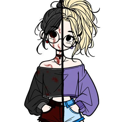 girl with a messy ponytail glasses a baggy crop top and jean shorts