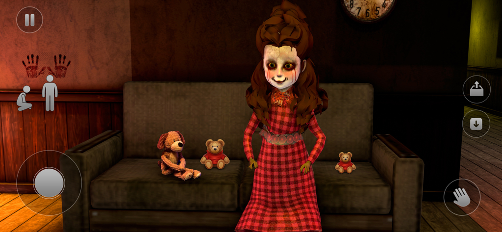 Scary Doll Horror House Game - A creepy doll with bleeding eyes sitting on a couch in a dark haunted room