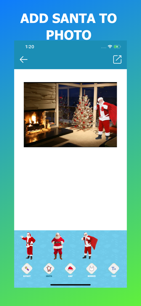 App interface showing a Santa Claus sticker placed next to a Christmas tree in a living room.