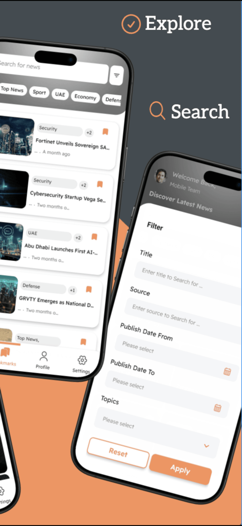 Sentinel Report - Interfaz de la aplicación móvil Sentinel Report que muestra el feed de exploración de noticias y filtros de búsqueda avanzados en iPhone
