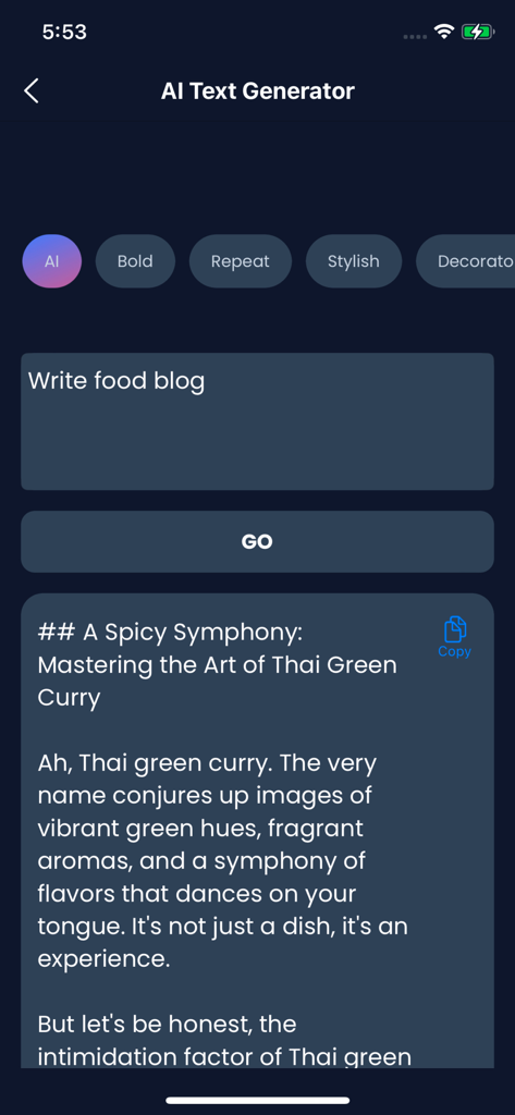 Stylish Text Generator App - Interface of the Stylish Text Generator App showing the AI writing feature generating a food blog post about Thai Green Curry