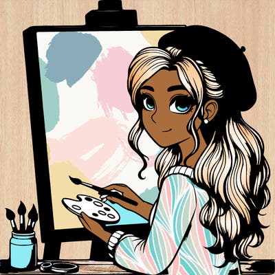 realistic girl artist painting a blank canvas