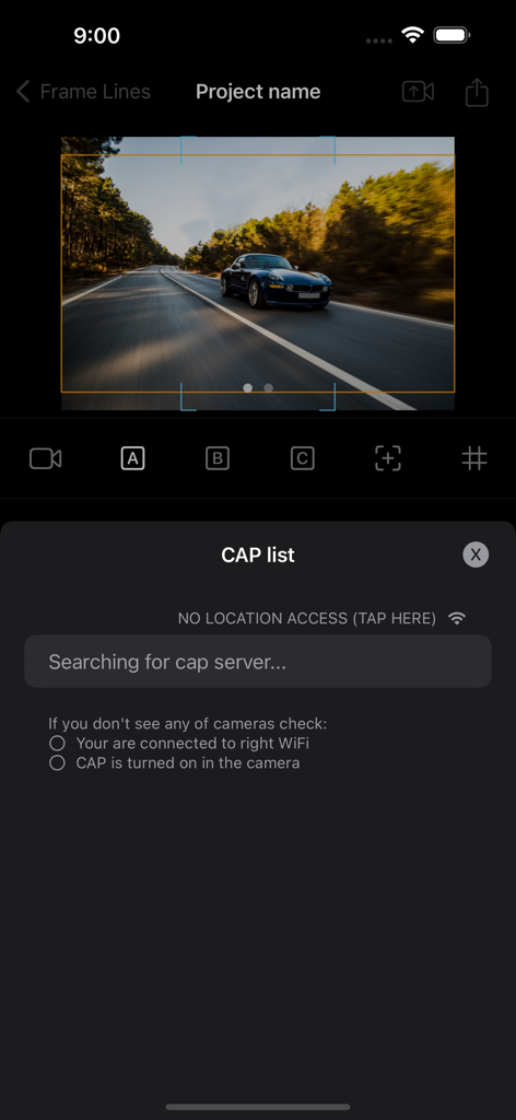 Frame Line PRO - Interface of Frame Line PRO app searching for a CAP server to sync custom framelines with an ARRI camera.