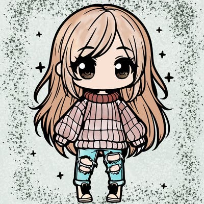 chibi girl with ripped jeans,long hair, and an oversized sweater
