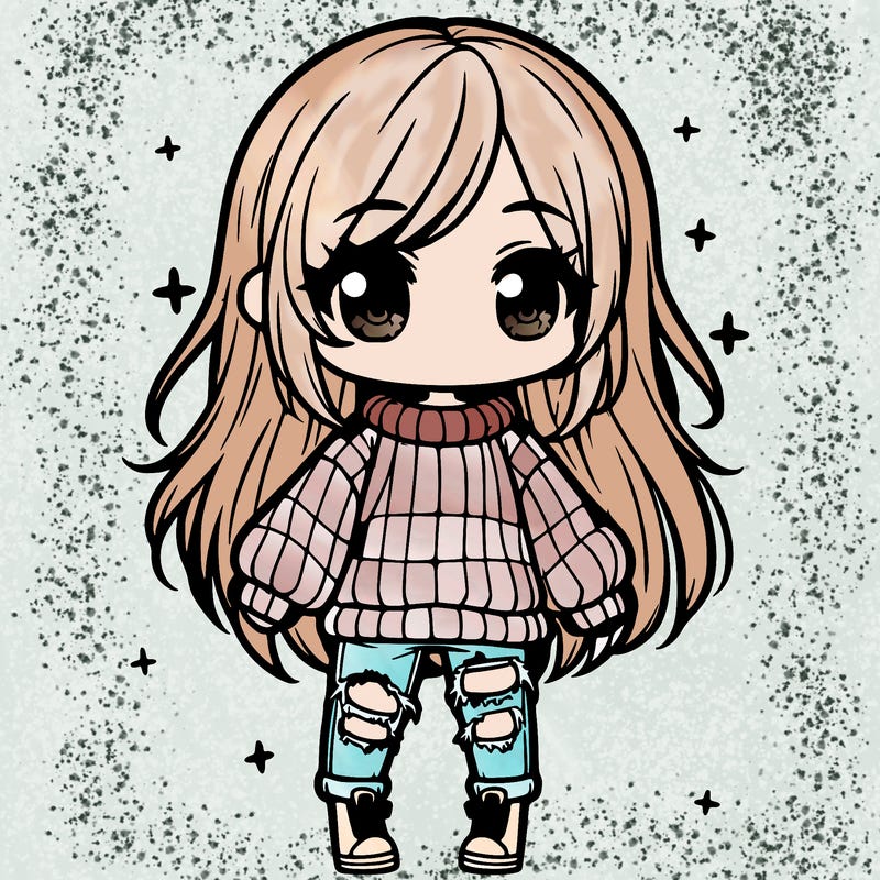 chibi girl with ripped jeans,long hair, and an oversized sweater