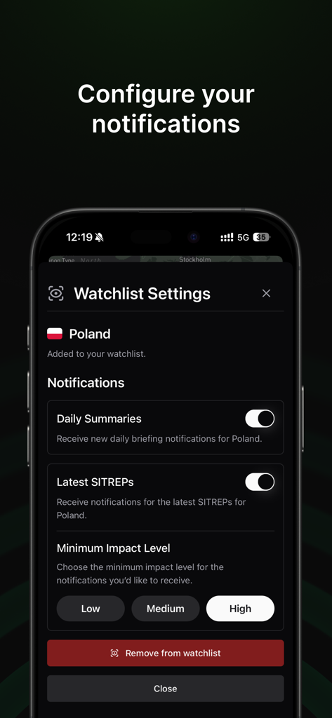 Notification configuration screen for a watchlist country in the SITREP app showing daily summaries and impact level settings.