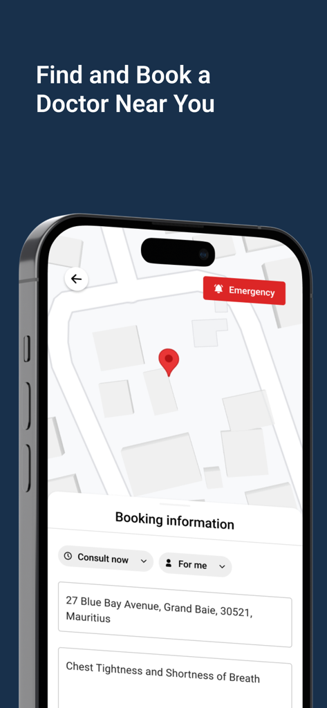 Medecin A Domicile (MAD) - Um smartphone exibindo a interface do aplicativo Medecin A Domicile para agendar uma consulta médica a domicílio com um marcador de mapa e campo de entrada de sintomas.