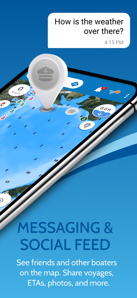 Argo navigation app screen showing marine map and social messaging features