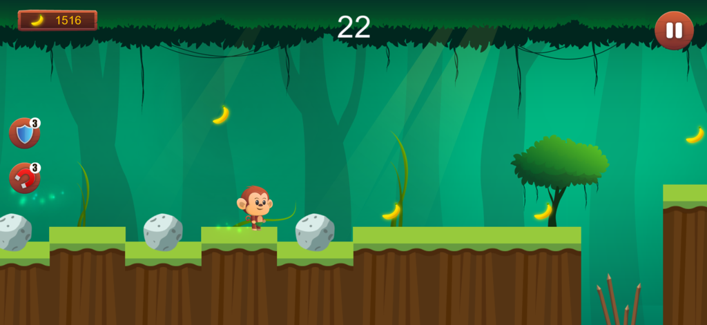 Monkey Run, Jump & Go Bananas! - A cartoon monkey jumping over platforms and collecting bananas in a jungle setting.