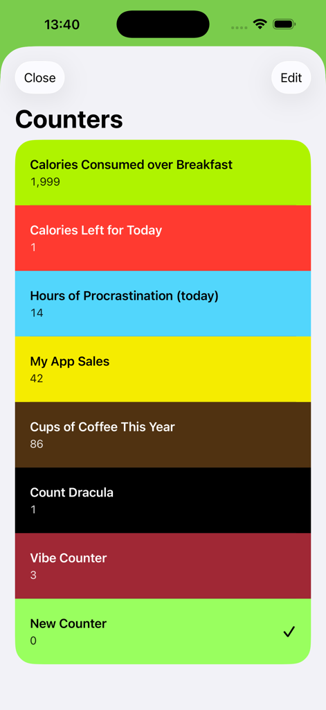 Any Counter: Endless Counter - Mobile app interface showing a list of different colored counters