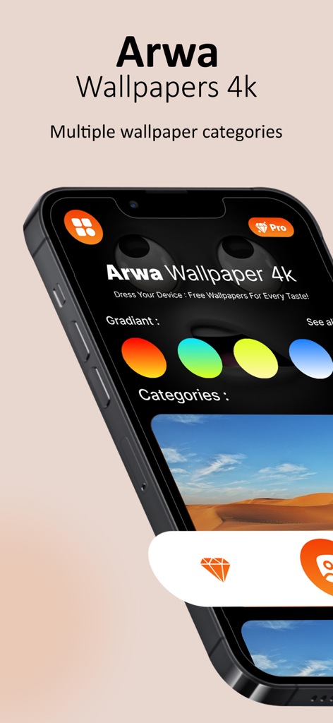Arwa Wallpaper - Arwa Wallpaper 4k app interface on an iPhone showing gradient categories and landscape backgrounds