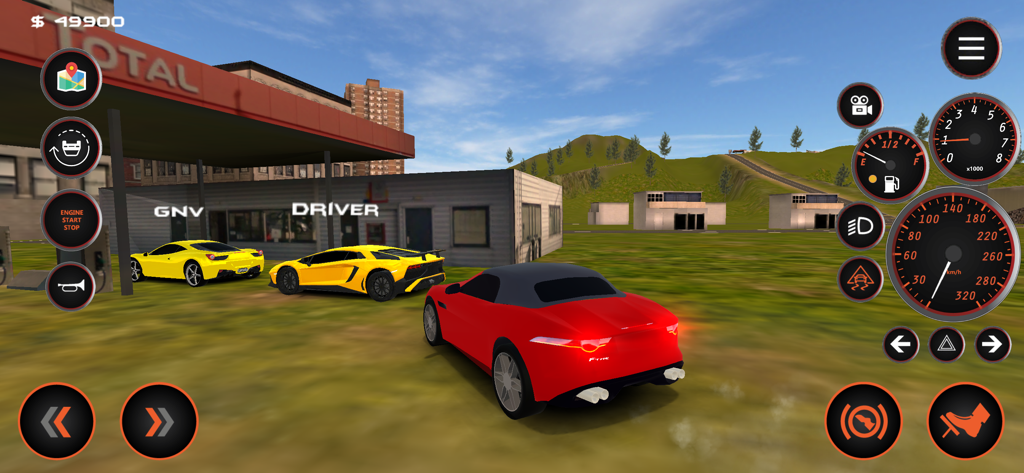 A red sports car driving near other vehicles at a gas station in the Carshift mobile game interface