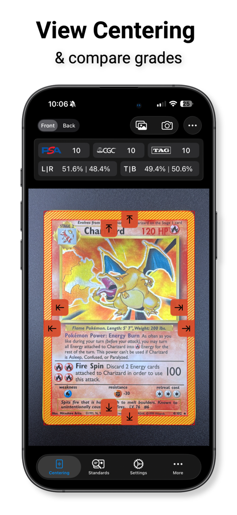 Card Centering Calculator - Mobile app interface showing a Pokemon card being scanned to measure centering ratios and estimated grades for PSA and CGC.