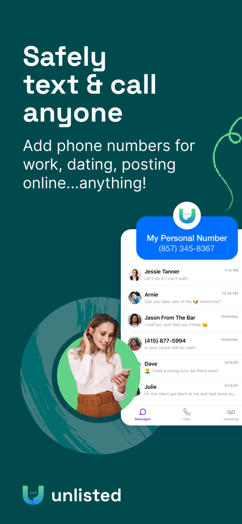 Screenshot of Unlisted app showing private texting and calling features with secondary numbers for dating and work