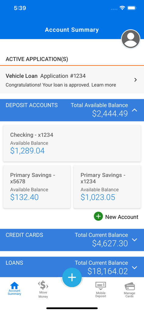 RBFCU - RBFCU mobile banking app screen displaying deposit balances and loan application status