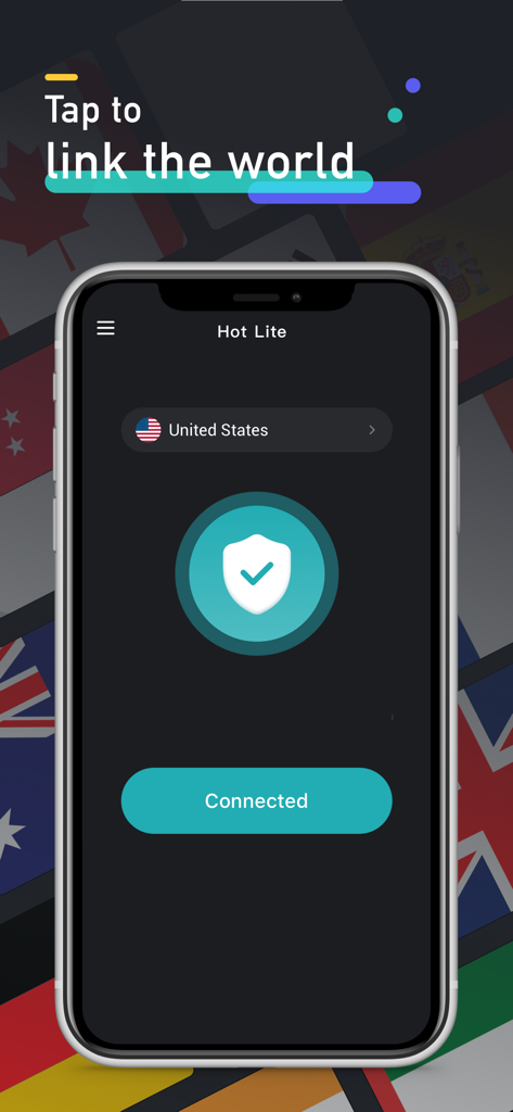 Hot VPN mobile app interface showing a connected status to a server in the United States