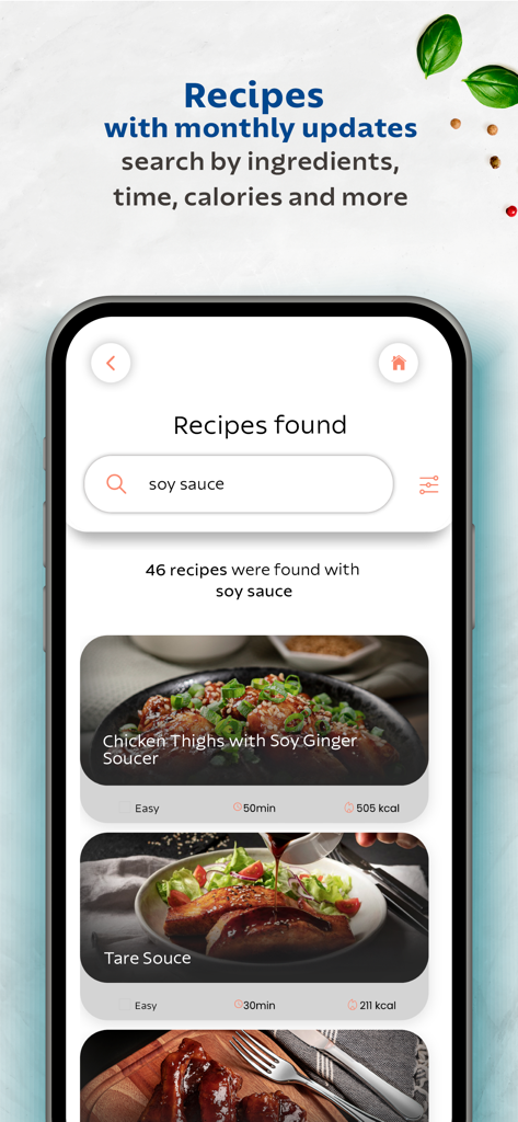 Tramontina Guru - Tramontina Guru app interface showing recipe search results for soy sauce with cooking time and nutritional information.