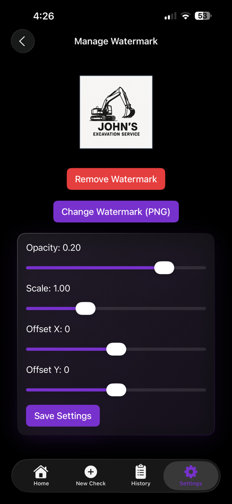 Check Generator - Interface for adding and adjusting a business logo watermark on printed checks