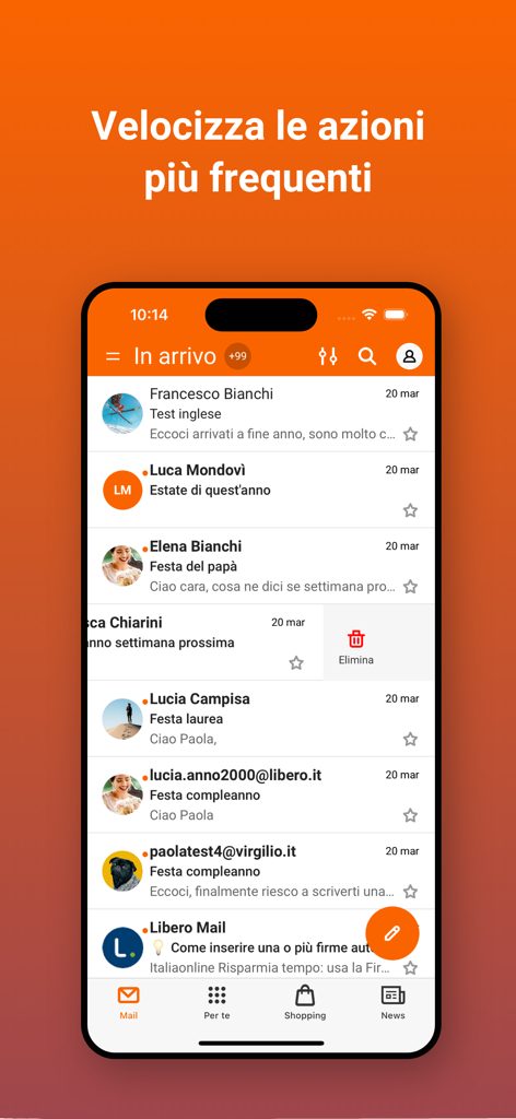 Virgilio Mail - Email App - Interfaccia dell'app Virgilio Mail che mostra una casella di posta email con uno scorrimento per eliminare l'azione