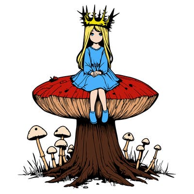 realistic girl sitting on a huge tree stump size toadstool with thorn crown