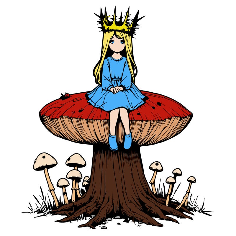 realistic girl sitting on a huge tree stump size toadstool with thorn crown