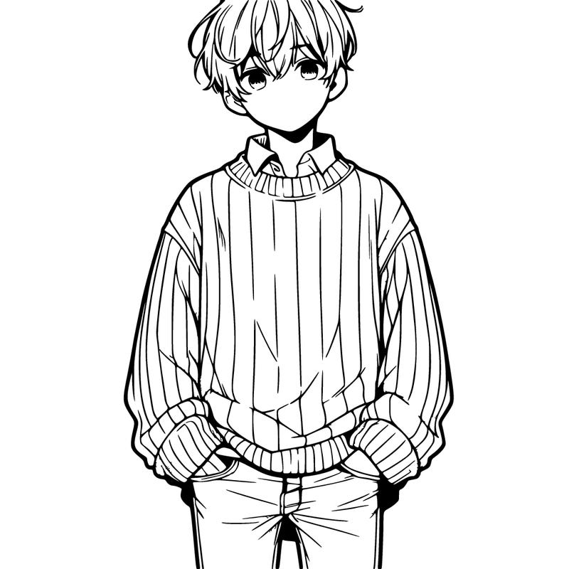 manga teenage boy with oversized sweater and jeans hands out of pockets.