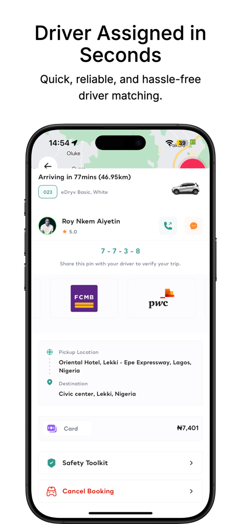 Mobile app screen showing a driver assigned to a ride with trip details and a verification PIN.