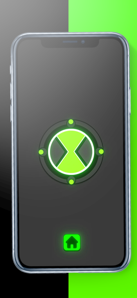 Omnitrix Simulator 2D - Una pantalla de smartphone mostrando un símbolo verde brillante de Omnitrix y un botón de inicio