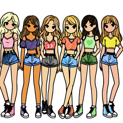 a group of girls wearing crop tops and shorts