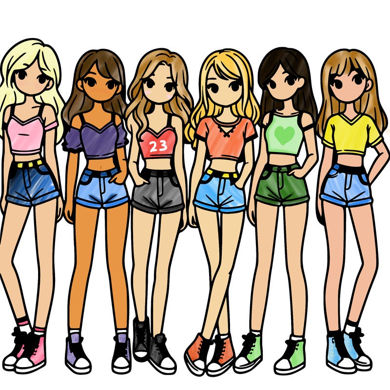 a group of girls wearing crop tops and shorts
