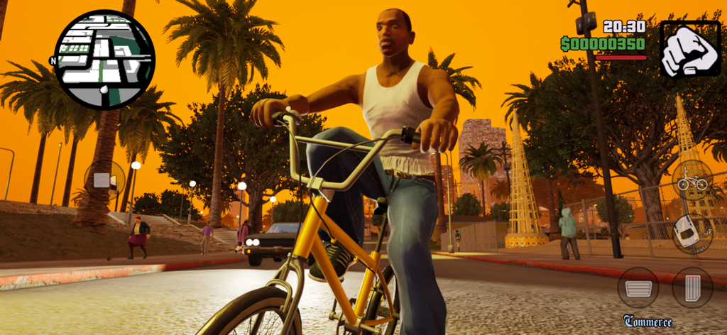 GTA: San Andreas – Definitive - CJ riding a yellow BMX bicycle in Los Santos during sunset