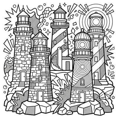 Dive into a unique coloring experience with this dynamic page showcasing multiple stone lighthouses rendered in an exciting Pop Art style. Unleash your artistic flair by adding vibrant colors to these iconic coastal guardians and their energetic backgrounds.