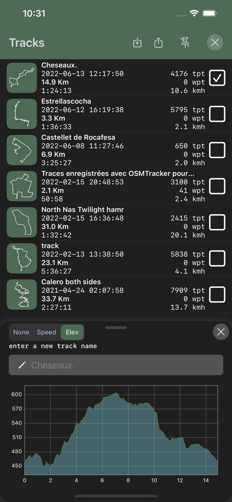 GPS Tracker: Offline Maps, GPX - Interface showing a list of recorded GPS tracks with distance and speed statistics and an elevation profile graph