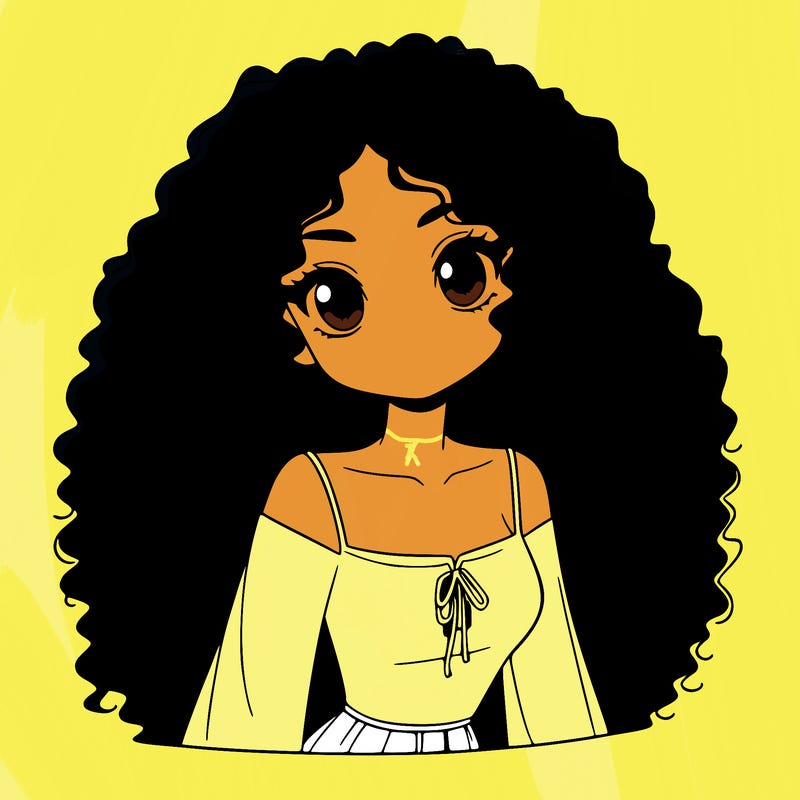 a black anime girl with long afro hair