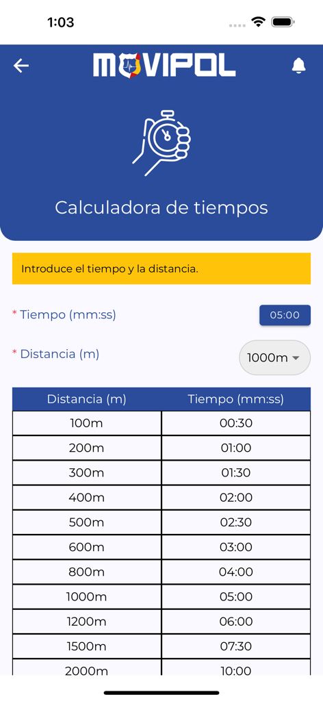Movipol app interface showing a running pace calculator with time and distance splits for police physical exam training.