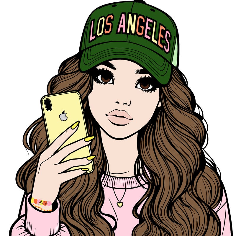 realistic beautiful girl wearing los ángeles cap holding an iphone
