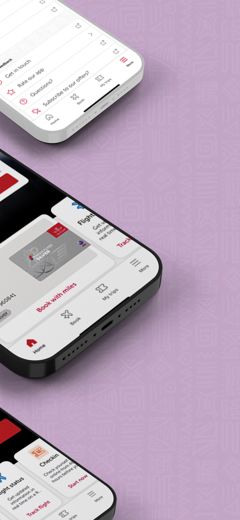 Royal Air Maroc - iPhoneにサファーフライヤーロイヤルティとチェックインオプションを表示するロイヤル・エア・モロッコアプリのインターフェース