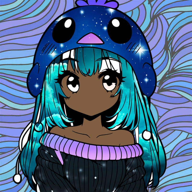 anime girl with chick shaped hat with sweater with bare shoulders with bangs covering them one eye with low tail