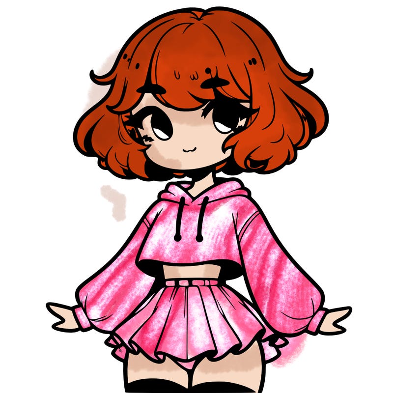 cute femboy with short, fluffy hair that softly frames their face, wearing a cropped hoodie, paired with a flouncy short skirt, and thigh-high stockings