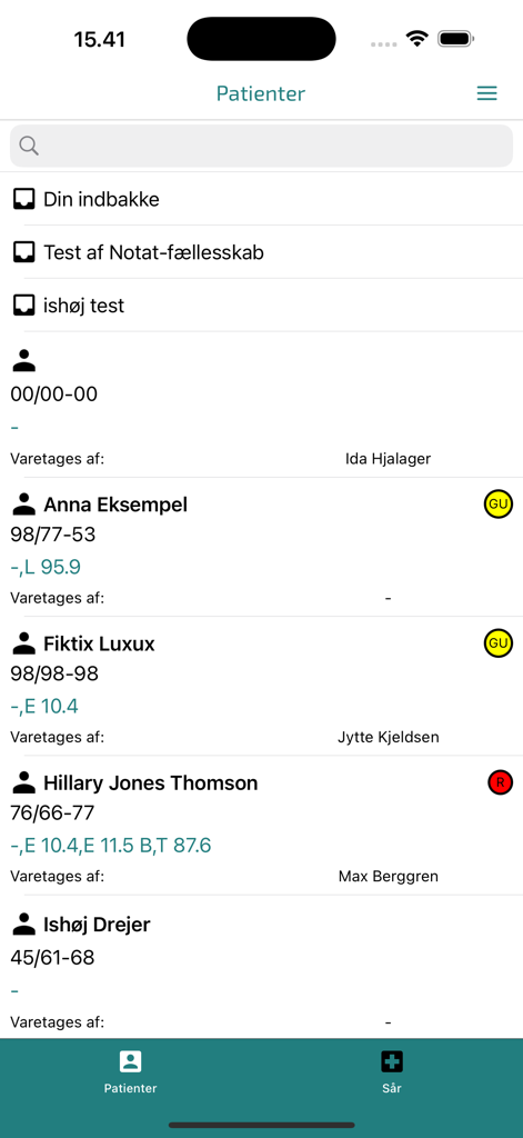 Patient list screen in the pleje.net medical app showing patient names and assigned healthcare providers