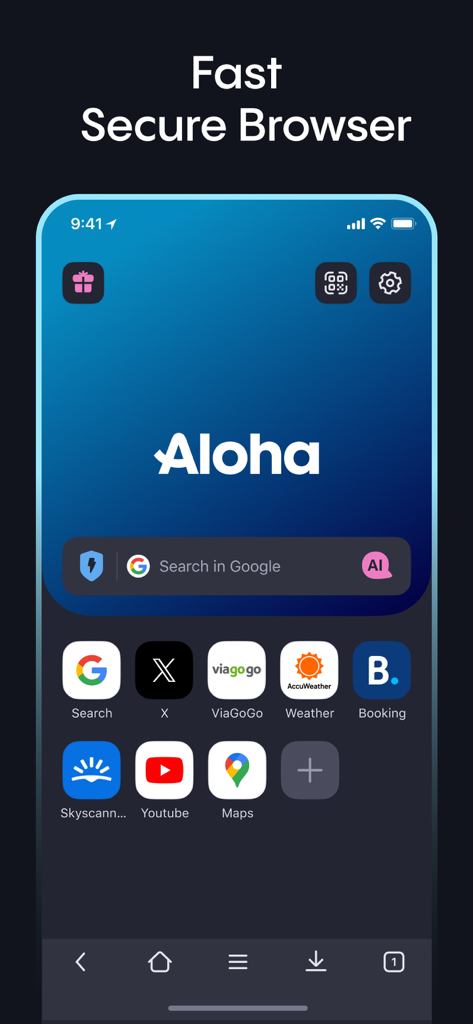 개인 정보 보호 검색창과 인기 웹사이트 바로가기가 포함된 Aloha 브라우저 홈 화면
