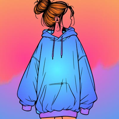 realistic girl with a oversized sweatshirt on and a bun