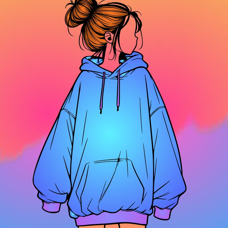 realistic girl with a oversized sweatshirt on and a bun