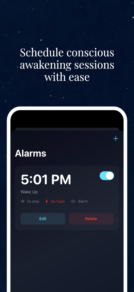 Astralis App Benutzeroberfläche zeigt das Smart Alarm System zur Planung von bewussten Aufwach-Sitzungen.