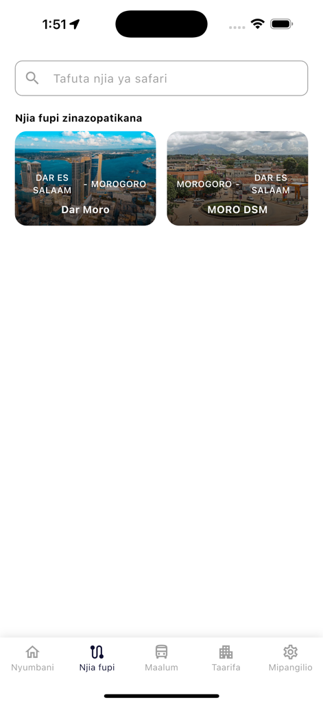 Obus - Obus app interface showing available bus travel routes between Dar es Salaam and Morogoro