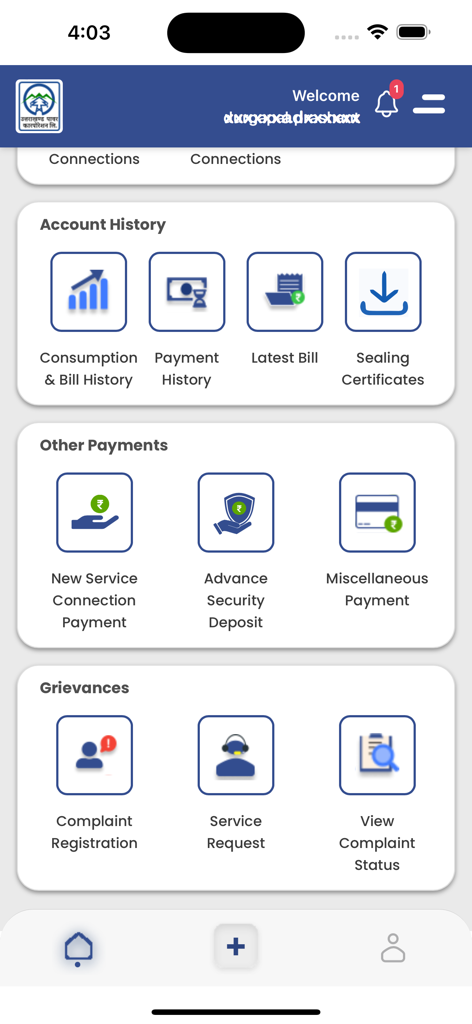 UPCL app dashboard with sections for account history other payments and grievances
