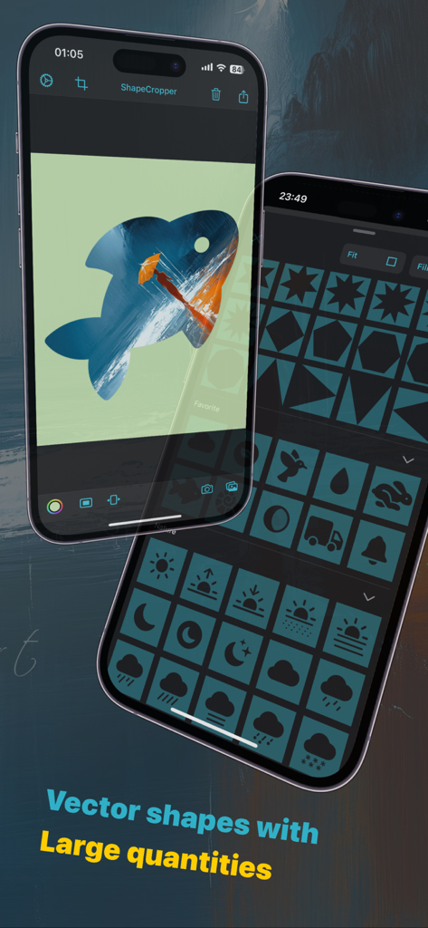 ShapeCropper - ShapeCropper app displaying photo cropping into a fish shape and a large library of vector icons.