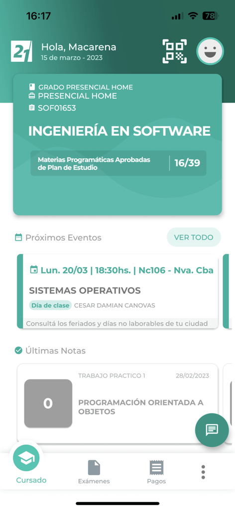 Panel de control de la app móvil Universidad Siglo 21 que muestra el progreso académico y el horario de clases