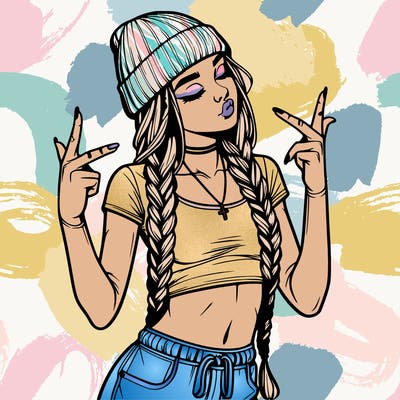 realistic teenage girl with braids and a beanie and crop top doing 🫶🏼